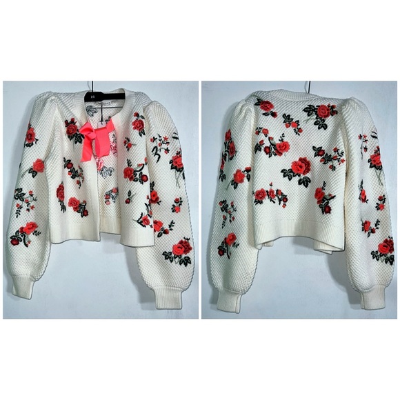 Alice + Olivia Kitty Floral Puff Sleeve Bow Tie Cardigan Sweater - Picture 10 of 17